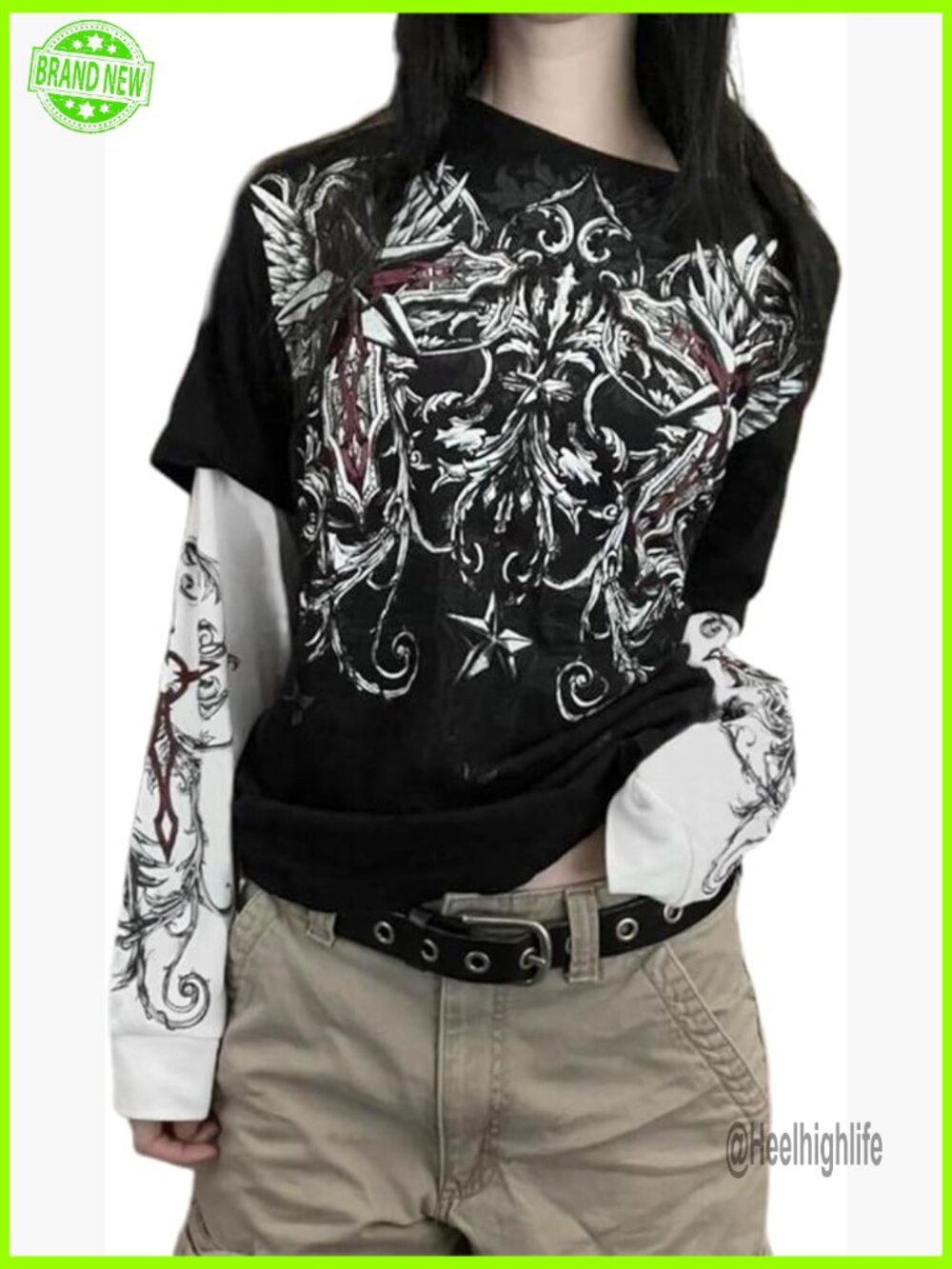 Y2K Fairy Grunge Long Sleeve Fake Two-Piece Tee Top